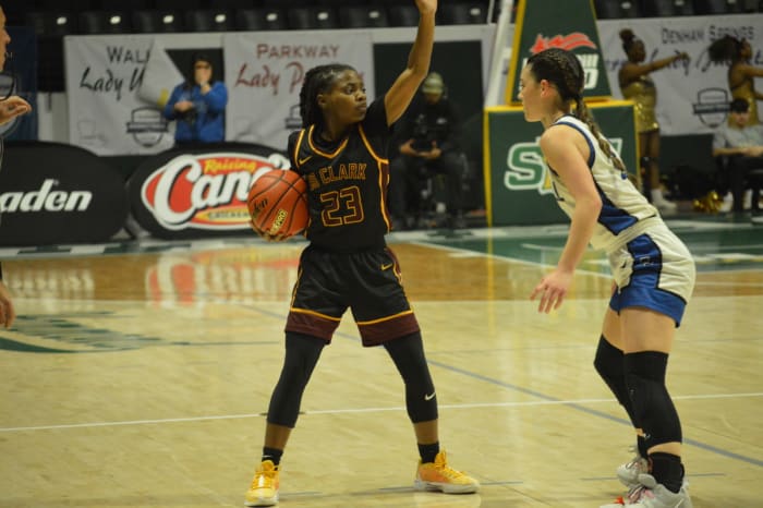 JS Clark sophomore Taylor Barnaba (23) calls out a play in the Division V select championship game against Oak Hill. Barnaba was named as the game's Most Outstanding Player.